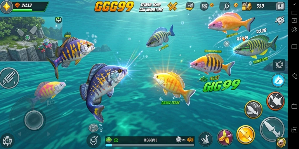 Tampilan gameplay <strong>GG99</strong> yang menampilkan aksi menembak ikan.