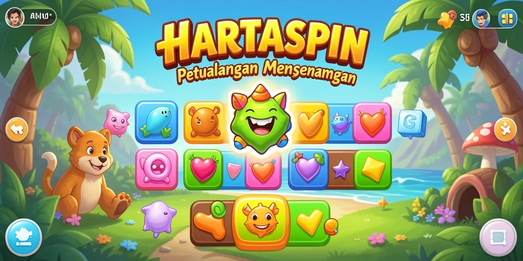 Tampilan permainan HARTASPIN dengan tema Match-3 yang ceria.