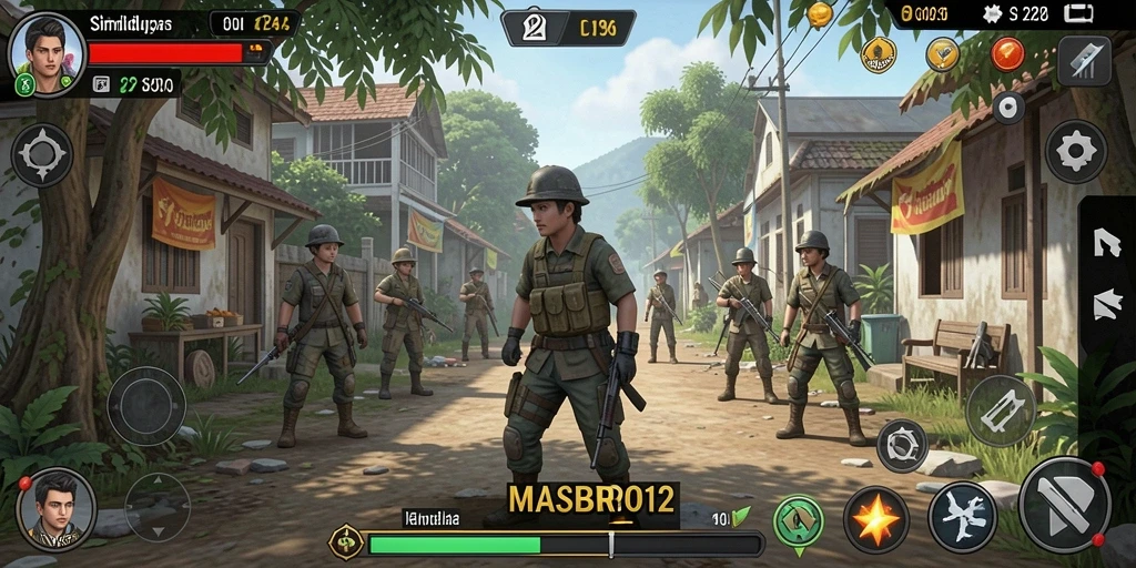 Tangkapan layar utama dari gameplay <strong>MASBRO12</strong> yang menunjukkan interaksi karakter dan lingkungan.
