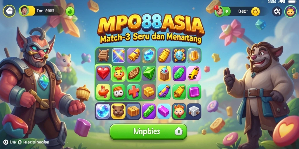 Tampilan gameplay seru MPO88ASIA dengan kombinasi warna-warni dan tantangan Match-3.