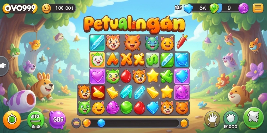 Tampilan gameplay seru dari OVO99 yang menampilkan kecocokan item Match-3.
