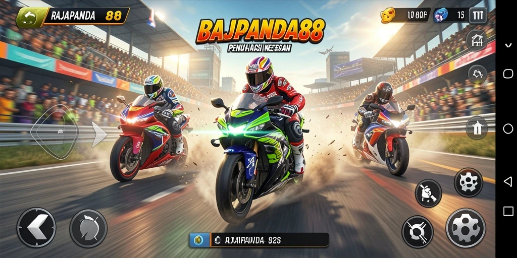 Tampilan gameplay mendebarkan dari RAJAPANDA88 dengan balapan motor yang seru.