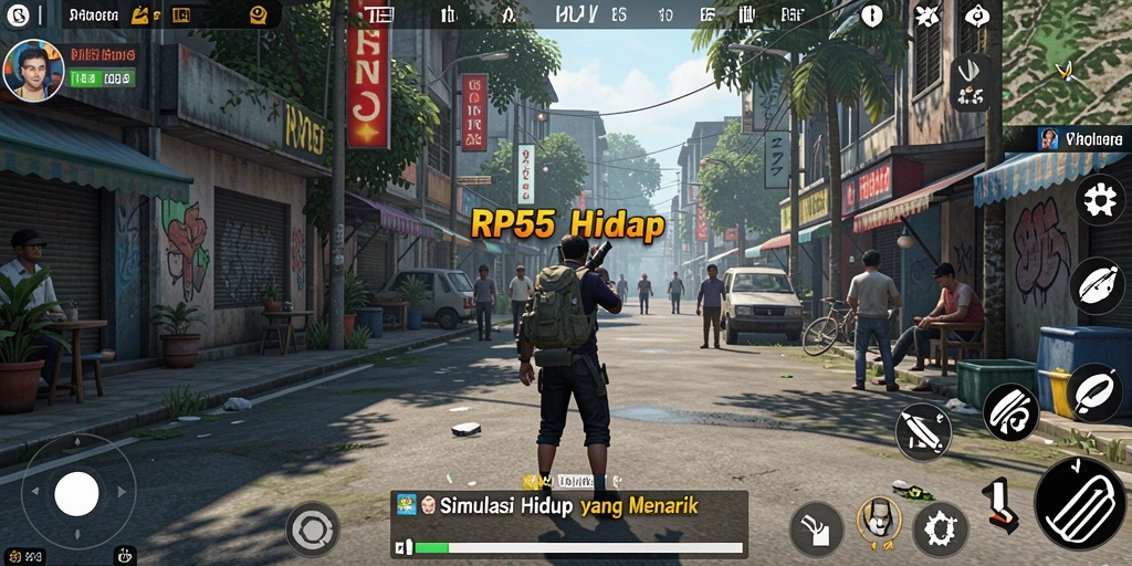 Tampilan gameplay utama RP55 dengan interaksi karakter yang hidup.