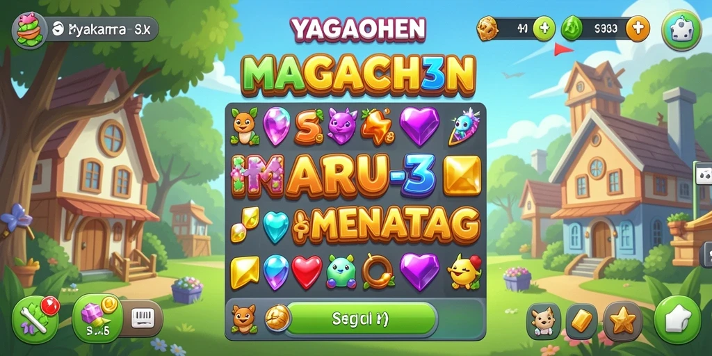 Screenshot YAGAOHEN menampilkan gameplay Match-3 yang penuh warna.